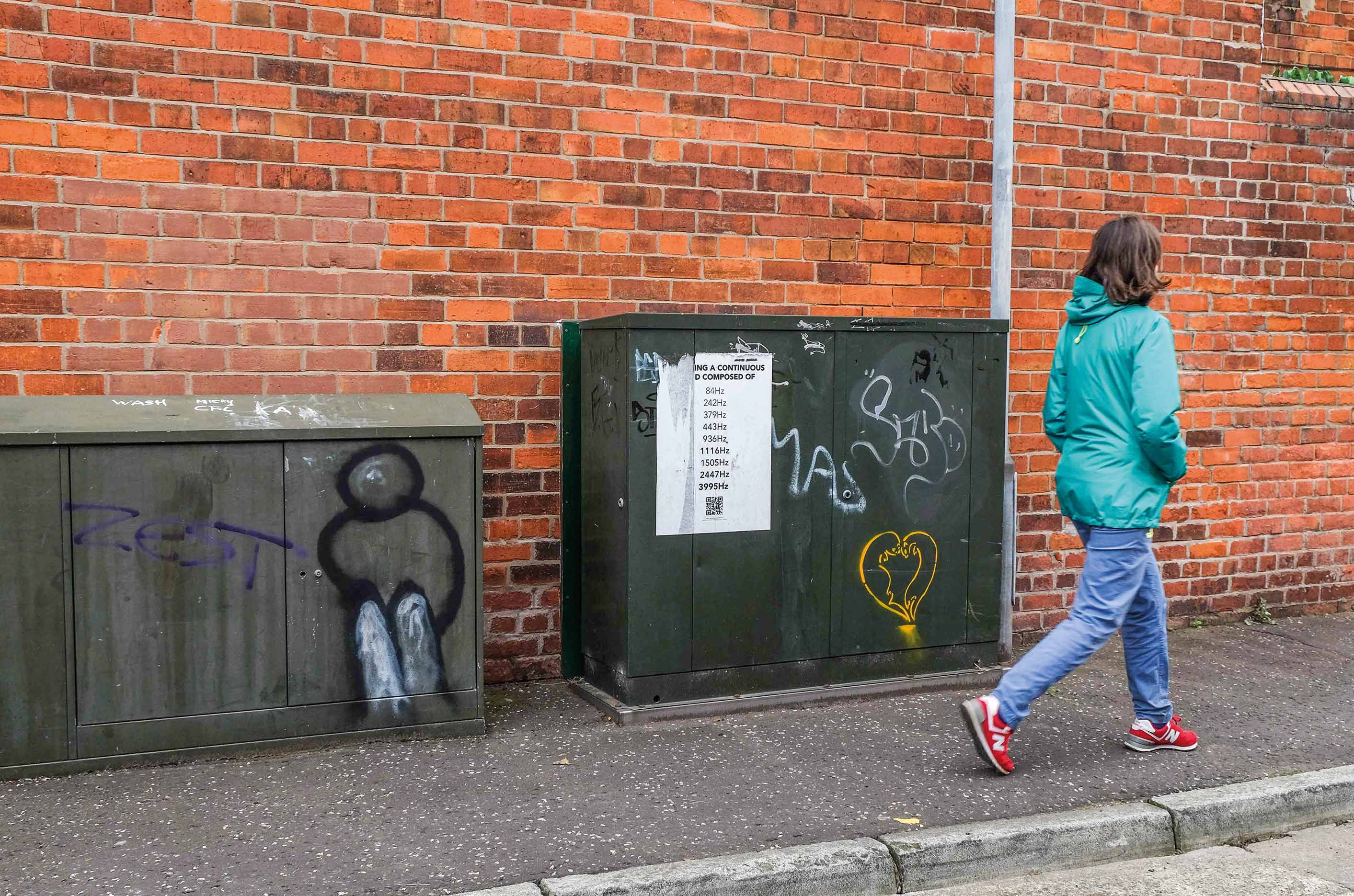 street view with poster on telecommunication box